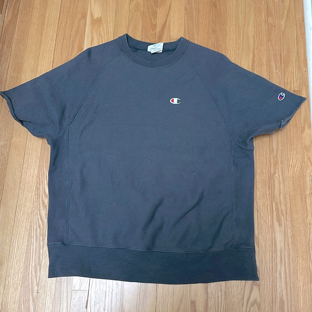 Men’s Blue-Grey Reverse Weave Short Sleeve Champion sweatshirt